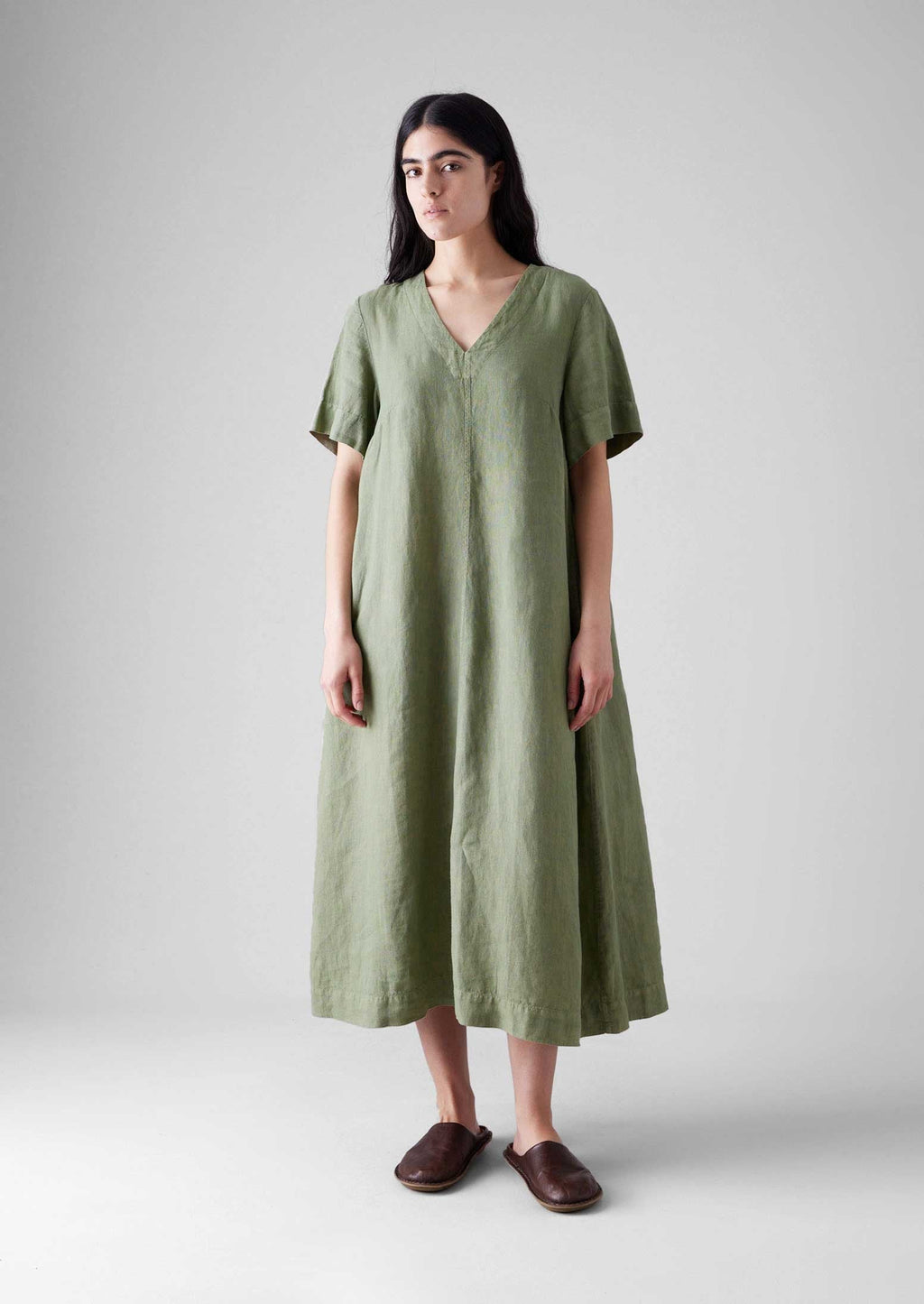 Garment Dyed Linen V Neck Dress | Light Sage