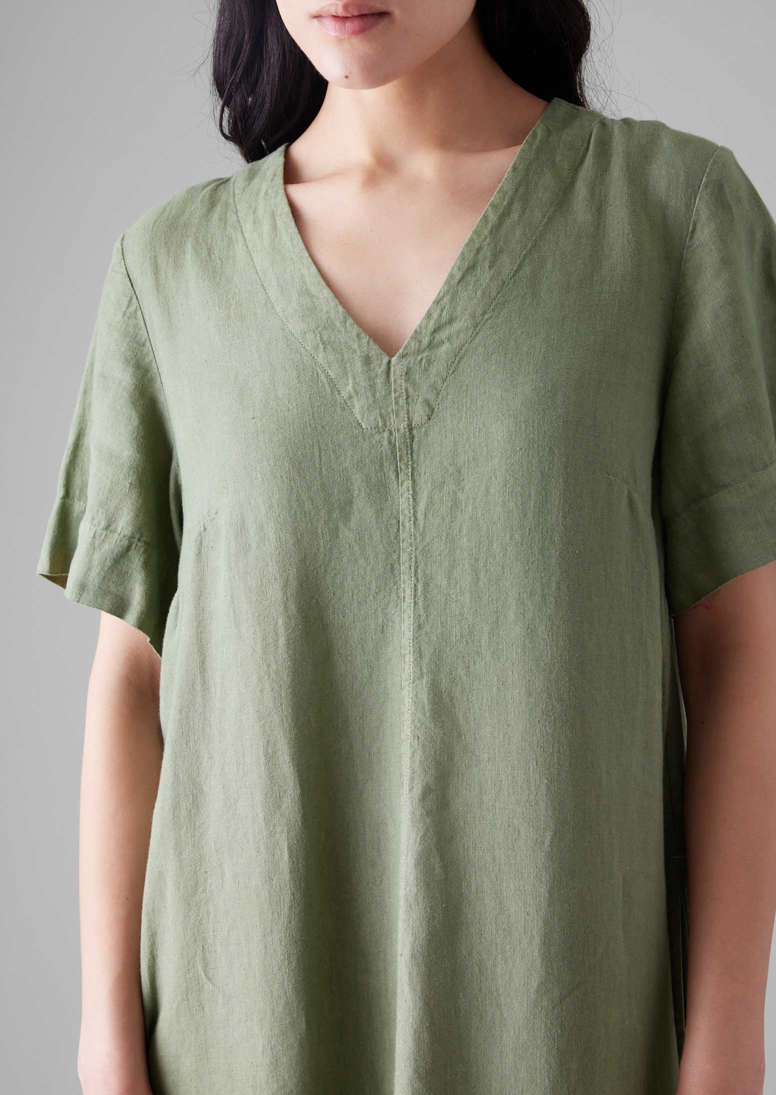 Garment Dyed Linen V Neck Dress | Light Sage