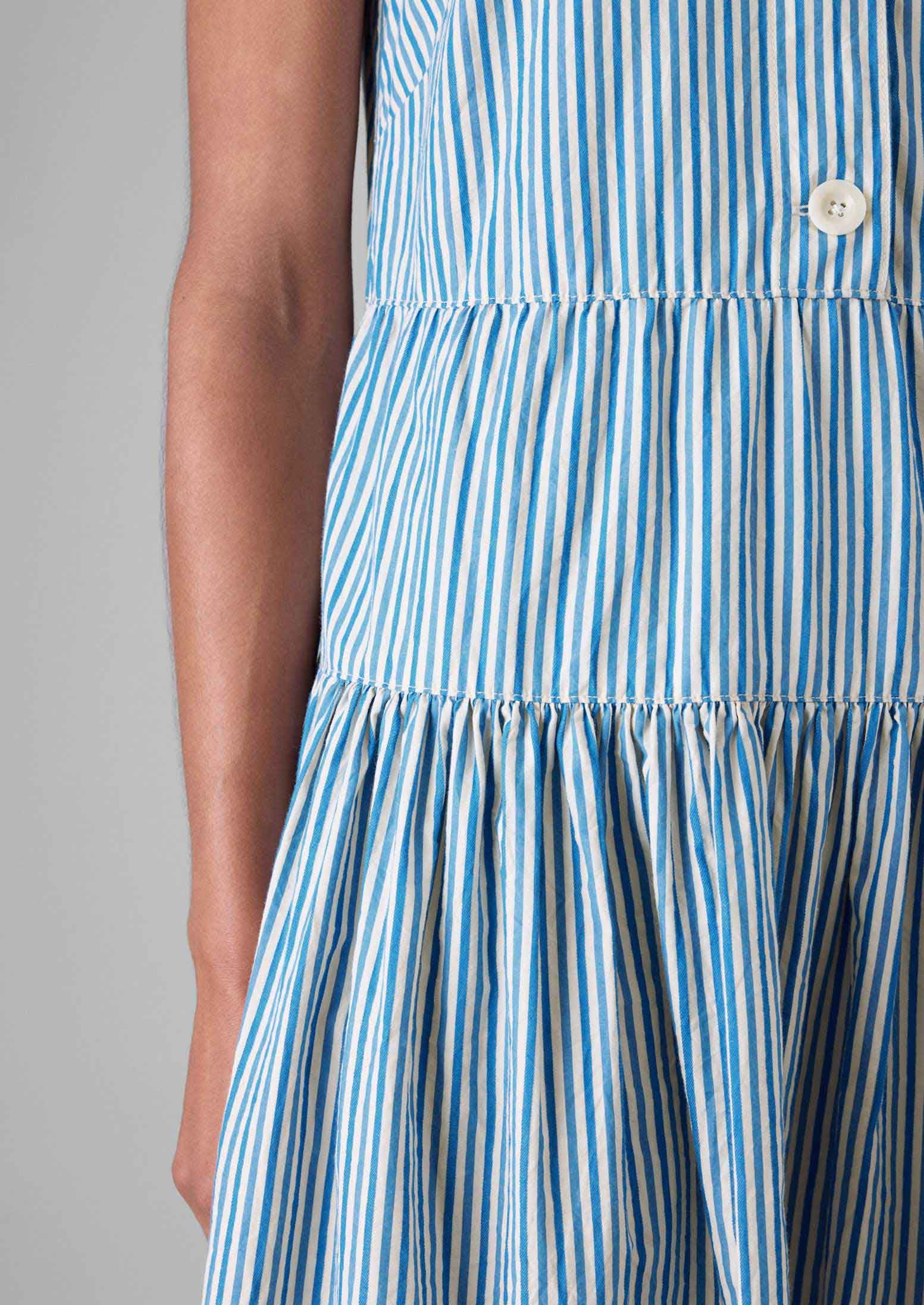 Candy Stripe Pleated Cotton Dress | Ocean Blue/Ecru