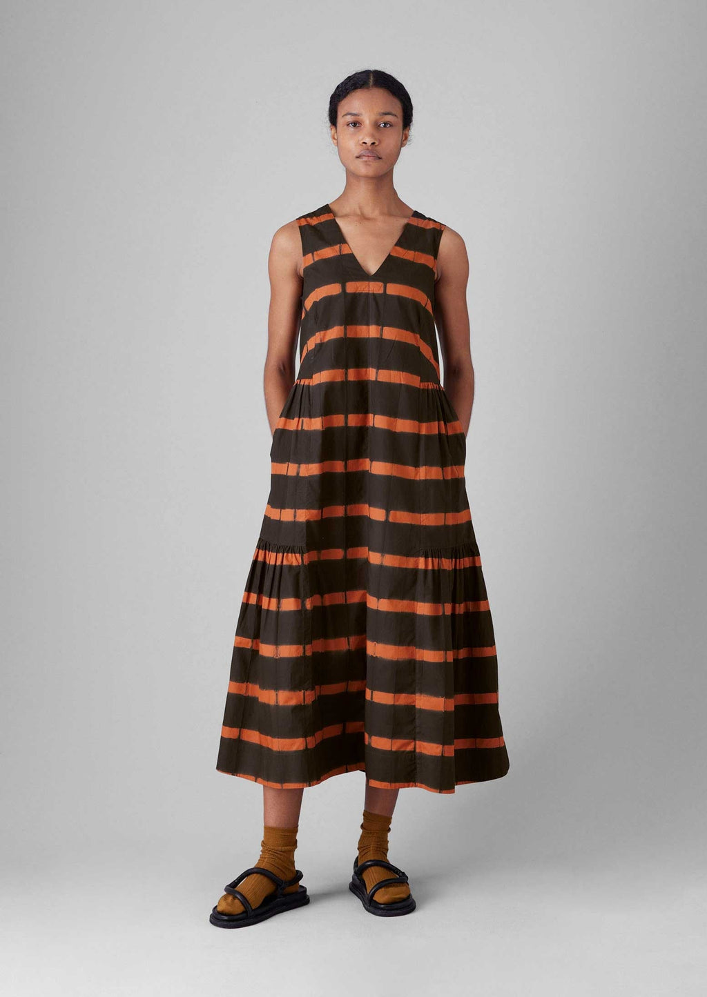 Stripe Clamp Dyed Cotton Dress | Brown