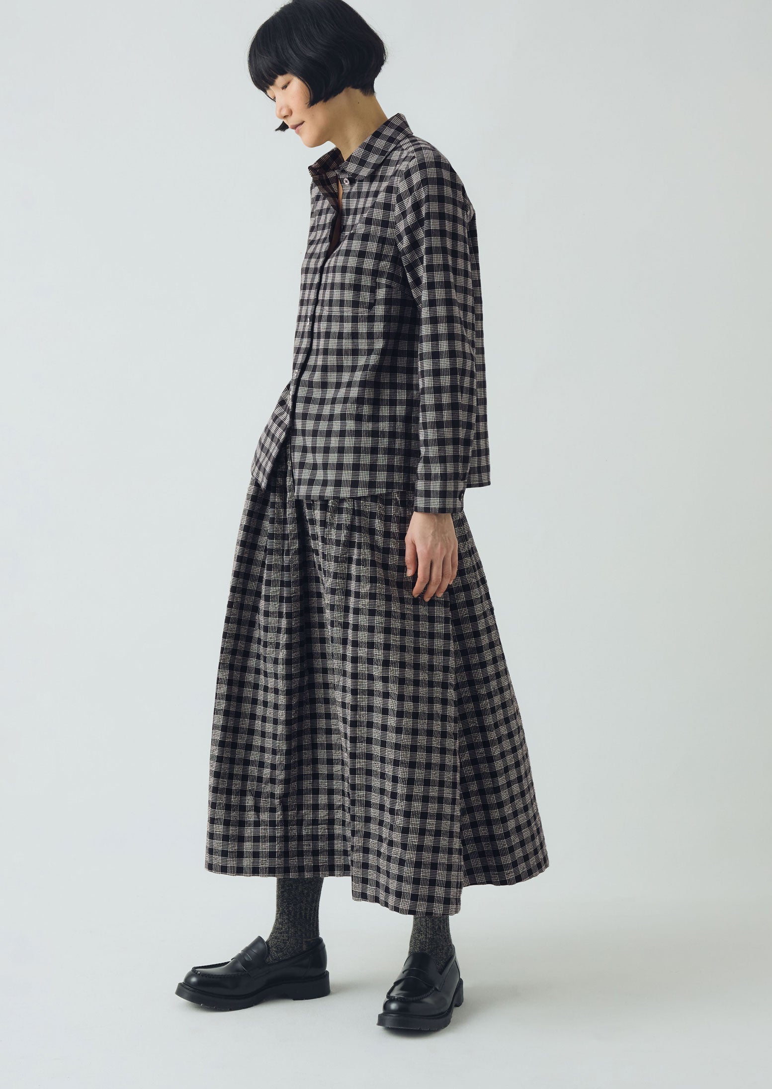 Binding Check Cotton Seersucker Skirt | Black/Ecru