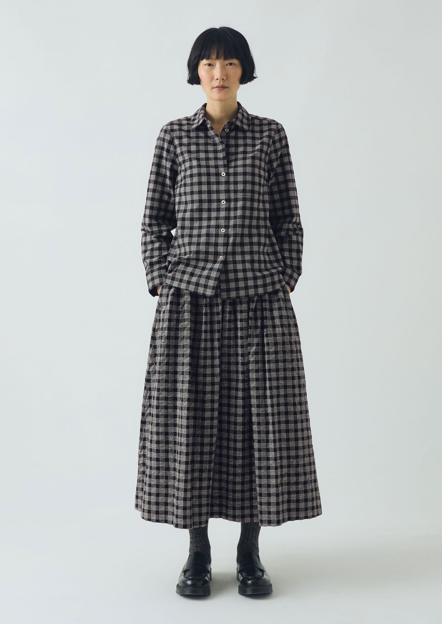 Binding Check Cotton Seersucker Skirt | Black/Ecru
