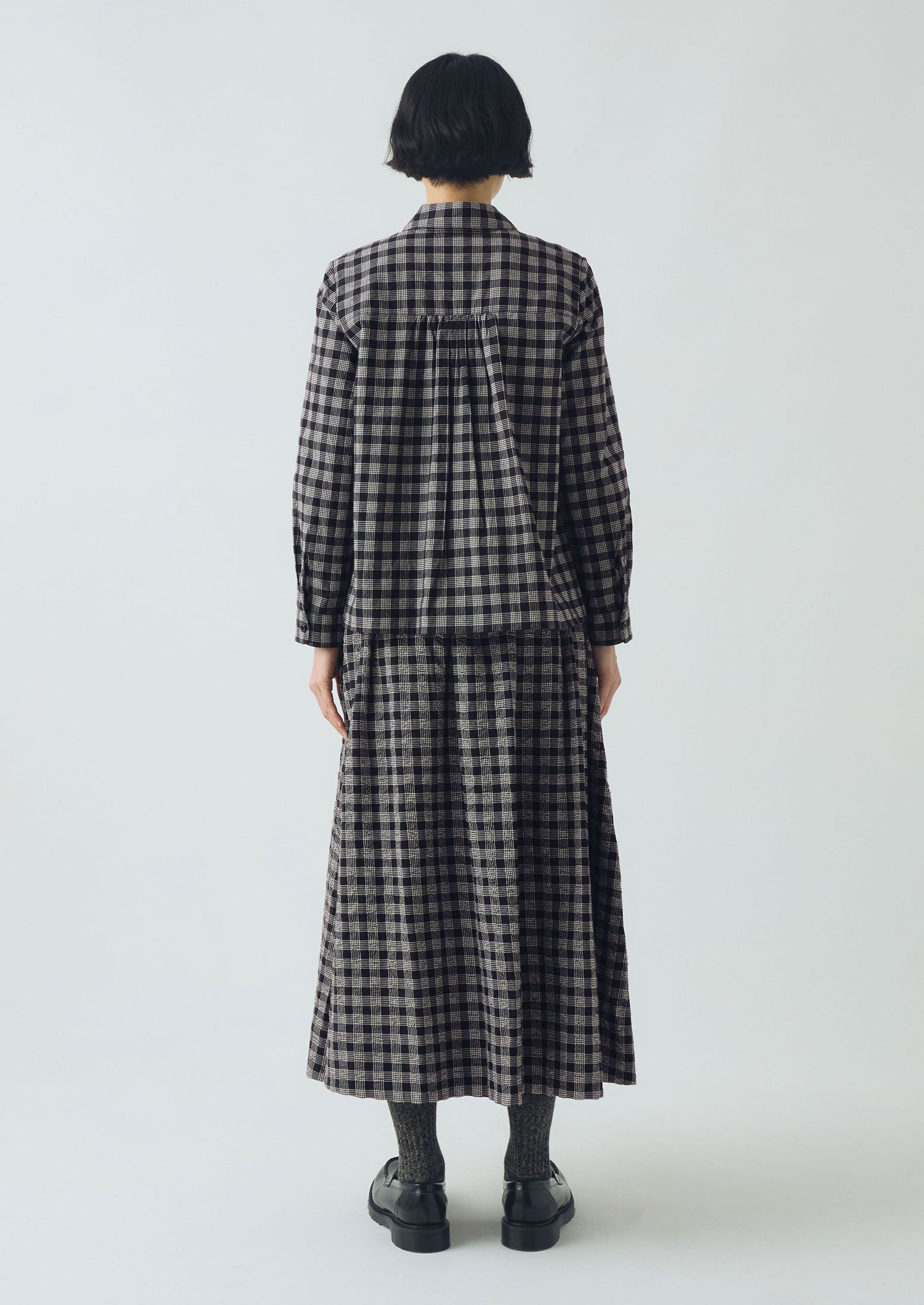 Binding Check Cotton Seersucker Skirt | Black/Ecru