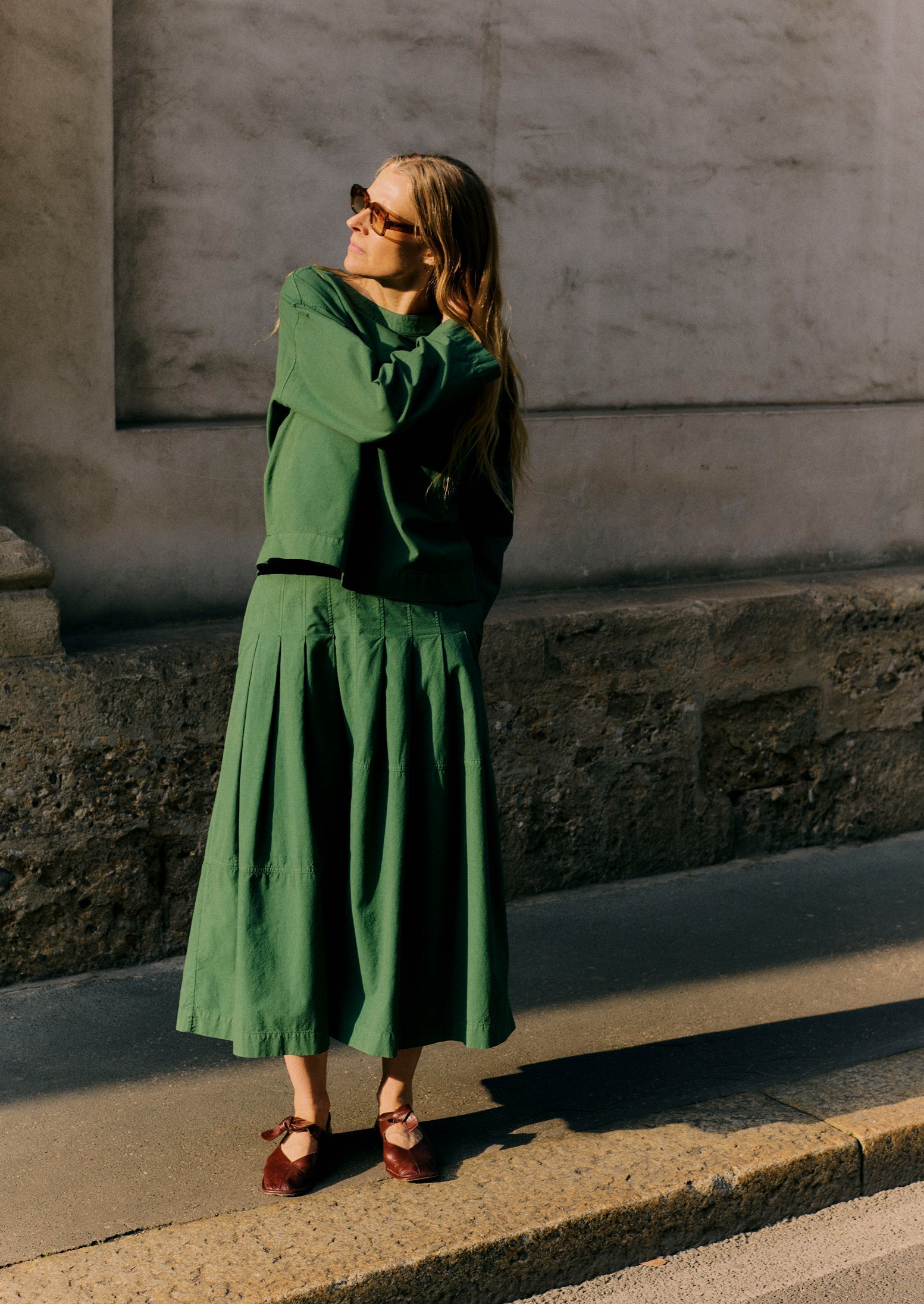 Panelled Cotton Linen Poplin Skirt | Forest Green