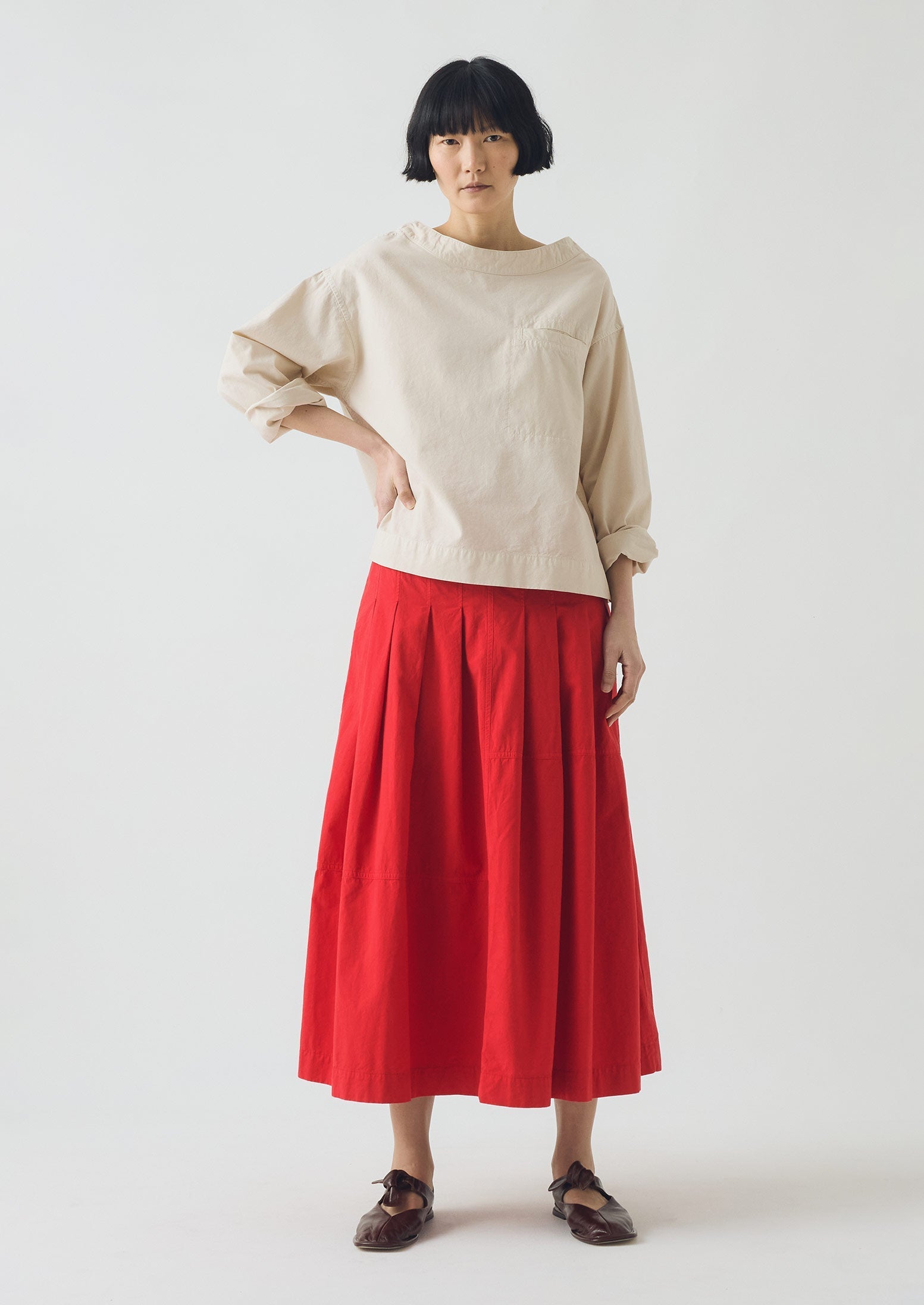 Pleated Panelled Cotton Linen Poplin Skirt | Cardinal Red