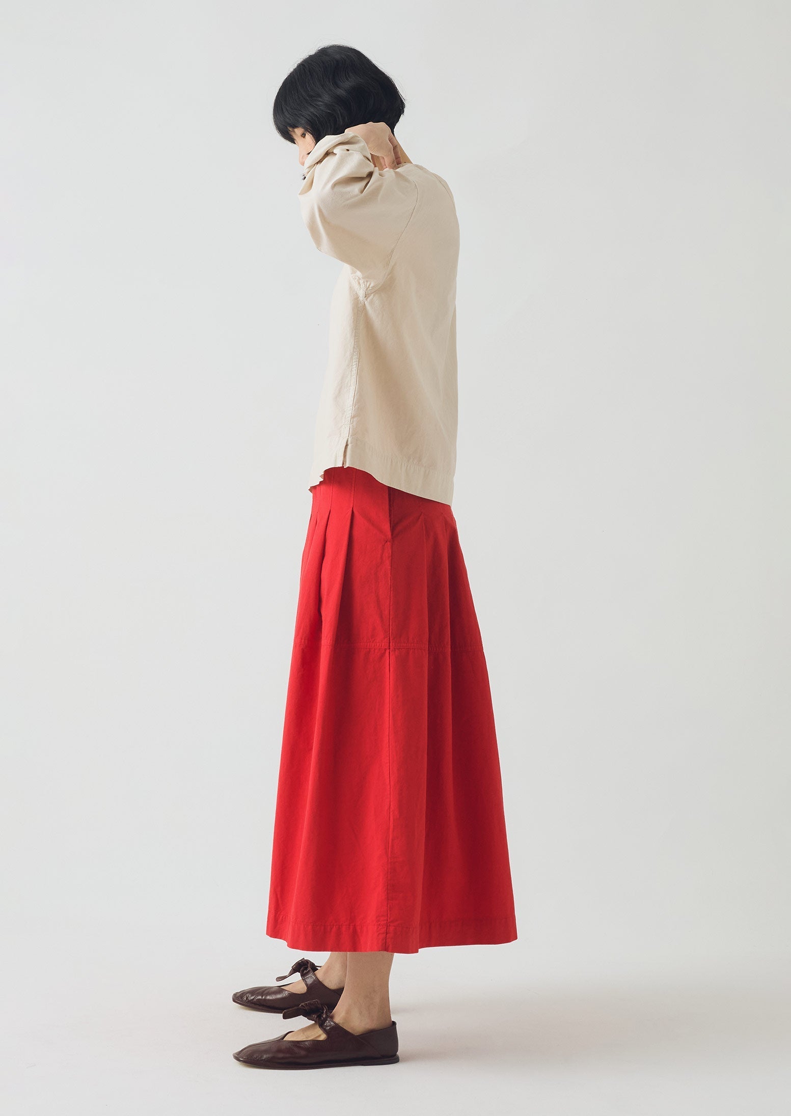 Pleated Panelled Cotton Linen Poplin Skirt | Cardinal Red