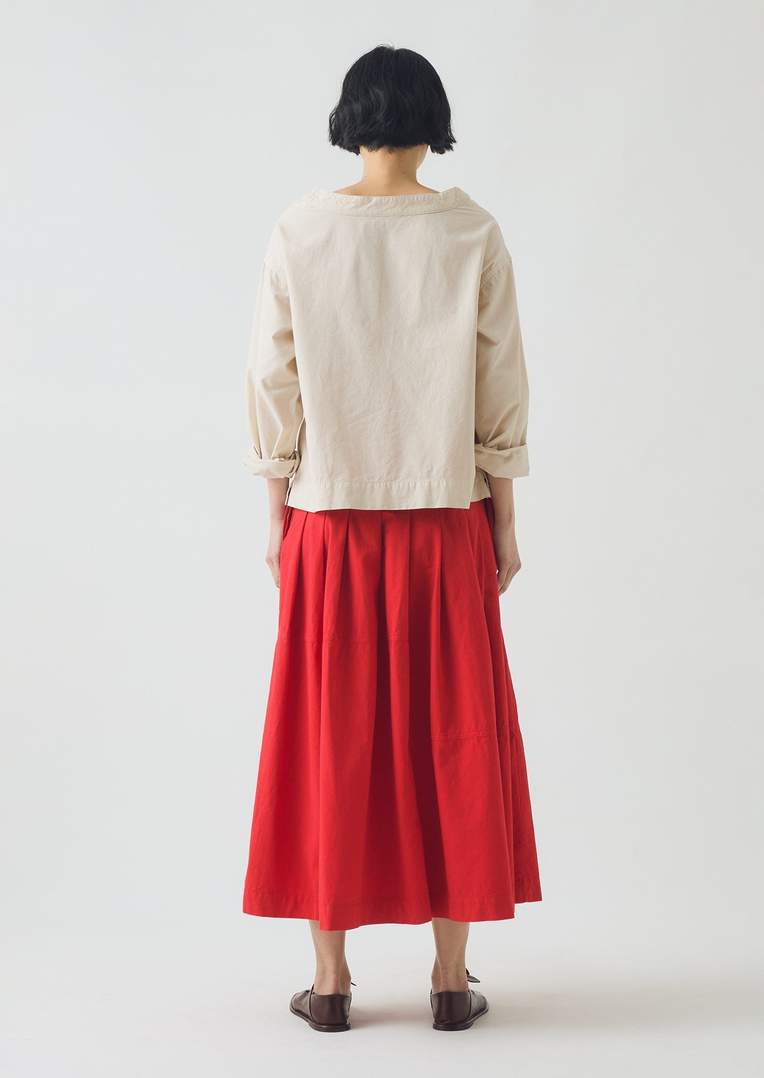 Pleated Panelled Cotton Linen Poplin Skirt | Cardinal Red